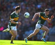 30 March 2025; Paudie Clifford of Kerry and Paul Geaney on their way, to the latter scoring a goal, in the 12th minute, during the Allianz Football League Division 1 final match between Kerry and Mayo at Croke Park in Dublin. Photo by Ray McManus/Sportsfile