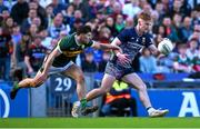 30 March 2025; Jordan Flynn of Mayo is tackled by Mike Breen of Kerry during the Allianz Football League Division 1 final match between Kerry and Mayo at Croke Park in Dublin. Photo by Shauna Clinton/Sportsfile