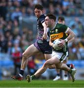30 March 2025; Paudie Clifford of Kerry in action against Enda Hession of Mayo during the Allianz Football League Division 1 final match between Kerry and Mayo at Croke Park in Dublin. Photo by Shauna Clinton/Sportsfile