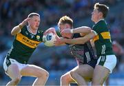 30 March 2025; Matthew Ruane of Mayo is tackled by Jason Foley and Gavin White of Kerry during the Allianz Football League Division 1 final match between Kerry and Mayo at Croke Park in Dublin. Photo by Ray McManus/Sportsfile