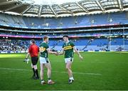 30 March 2025; Kerry players David Clifford, right, and Killian Spillane after their side's victory in the Allianz Football League Division 1 final match between Kerry and Mayo at Croke Park in Dublin. Photo by Piaras Ó Mídheach/Sportsfile