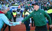 30 March 2025; Kerry manager Jack O'Connor and Mayo manager Kevin McStay shake hands after the Allianz Football League Division 1 final match between Kerry and Mayo at Croke Park in Dublin. Photo by Piaras Ó Mídheach/Sportsfile