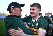 30 March 2025; Kerry manager Jack O'Connor and Damien Bourke after their side's victory in the Allianz Football League Division 1 final match between Kerry and Mayo at Croke Park in Dublin. Photo by Piaras Ó Mídheach/Sportsfile