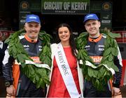 30 March 2025; Eddie Doherty and Tom Murphy celebrate, with Kerry Rose Emer Dineen, after winning the Rose Hotel Circuit of Kerry Rally after round two of the 2025 National Rally Championship in Tralee, Kerry. Photo by Philip Fitzpatrick/Sportsfile