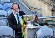30 March 2025; Stadum MC Jerry Grogan with Corn Mhíchíl Uí Mhuircheartaigh before the Allianz Football League Division 1 final match between Kerry and Mayo at Croke Park in Dublin. Photo by Piaras Ó Mídheach/Sportsfile