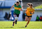 30 March 2025; Muireann Devaney of Leitrim in action against Niamh McIntosh of Antrim during the Lidl Ladies National Football League Division 4 semi-final match between Antrim and Leitrim at O'Raghallaigh Park in Kingscourt, Cavan. Photo by Tyler Miller/Sportsfile