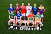 31 March 2025; Footballers, back row from left; Paddy Fox of Longford, Ronan Wallace of Westmeath, Tommy Durnin of Louth, Kevin Feely of Kildare, Dean Healy of Wicklow and Liam Coleman of Wexford, and front row, from left; Seán Raferty of Meath, Brian Byrne of Laois, Mikey Bambrick of Carlow and Lee Pearson of Offaly with the Delaney Cup during the 2025 Leinster GAA Senior Football Championship launch at Cedral St Conleth's GAA Park in Newbridge, Kildare. Photo by Piaras Ó Mídheach/Sportsfile