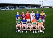 31 March 2025; Footballers, back row from left; Paddy Fox of Longford, Ronan Wallace of Westmeath, Tommy Durnin of Louth, Kevin Feely of Kildare, Dean Healy of Wicklow and Liam Coleman of Wexford, and front row, from left; Seán Raferty of Meath, Brian Byrne of Laois, Mikey Bambrick of Carlow and Lee Pearson of Offaly with the Delaney Cup during the 2025 Leinster GAA Senior Football Championship launch at Cedral St Conleth's GAA Park in Newbridge, Kildare. Photo by Piaras Ó Mídheach/Sportsfile