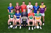 31 March 2025; Nigel Skehan of AIB holding the Delaney Cup alongside footballers, back row from left; Paddy Fox of Longford, Ronan Wallace of Westmeath, Tommy Durnin of Louth, Kevin Feely of Kildare, Dean Healy of Wicklow and Liam Coleman of Wexford, and front row, from left; Seán Raferty of Meath, Brian Byrne of Laois, Mikey Bambrick of Carlow and Lee Pearson of Offaly during the 2025 Leinster GAA Senior Football Championship launch at Cedral St Conleth's GAA Park in Newbridge, Kildare. Photo by Piaras Ó Mídheach/Sportsfile