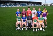 31 March 2025; Nigel Skehan of AIB holding the Delaney Cup alongside footballers, back row from left; Paddy Fox of Longford, Ronan Wallace of Westmeath, Tommy Durnin of Louth, Kevin Feely of Kildare, Dean Healy of Wicklow and Liam Coleman of Wexford, and front row, from left; Seán Raferty of Meath, Brian Byrne of Laois, Mikey Bambrick of Carlow and Lee Pearson of Offaly during the 2025 Leinster GAA Senior Football Championship launch at Cedral St Conleth's GAA Park in Newbridge, Kildare. Photo by Piaras Ó Mídheach/Sportsfile
