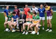 31 March 2025; Nigel Skehan of AIB holding the Delaney Cup alongside footballers, back row from left; Paddy Fox of Longford, Ronan Wallace of Westmeath, Tommy Durnin of Louth, Kevin Feely of Kildare, Dean Healy of Wicklow and Liam Coleman of Wexford, and front row, from left; Seán Raferty of Meath, Brian Byrne of Laois, Mikey Bambrick of Carlow and Lee Pearson of Offaly during the 2025 Leinster GAA Senior Football Championship launch at Cedral St Conleth's GAA Park in Newbridge, Kildare. Photo by Piaras Ó Mídheach/Sportsfile