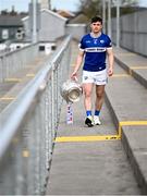 31 March 2025; Laois footballer Brian Byrne with the Delaney Cup during the 2025 Leinster GAA Senior Football Championship launch at Cedral St Conleth's GAA Park in Newbridge, Kildare. Photo by Piaras Ó Mídheach/Sportsfile