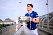 31 March 2025; Laois footballer Brian Byrne with the Delaney Cup during the 2025 Leinster GAA Senior Football Championship launch at Cedral St Conleth's GAA Park in Newbridge, Kildare. Photo by Piaras Ó Mídheach/Sportsfile