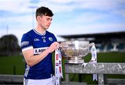 31 March 2025; Laois footballer Brian Byrne with the Delaney Cup during the 2025 Leinster GAA Senior Football Championship launch at Cedral St Conleth's GAA Park in Newbridge, Kildare. Photo by Piaras Ó Mídheach/Sportsfile