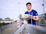 31 March 2025; Laois footballer Brian Byrne with the Delaney Cup during the 2025 Leinster GAA Senior Football Championship launch at Cedral St Conleth's GAA Park in Newbridge, Kildare. Photo by Piaras Ó Mídheach/Sportsfile