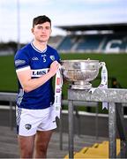 31 March 2025; Laois footballer Brian Byrne with the Delaney Cup during the 2025 Leinster GAA Senior Football Championship launch at Cedral St Conleth's GAA Park in Newbridge, Kildare. Photo by Piaras Ó Mídheach/Sportsfile