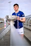 31 March 2025; Laois footballer Brian Byrne with the Delaney Cup during the 2025 Leinster GAA Senior Football Championship launch at Cedral St Conleth's GAA Park in Newbridge, Kildare. Photo by Piaras Ó Mídheach/Sportsfile