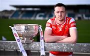 31 March 2025; Louth footballer Tommy Durnin with the Delaney Cup during the 2025 Leinster GAA Senior Football Championship launch at Cedral St Conleth's GAA Park in Newbridge, Kildare. Photo by Piaras Ó Mídheach/Sportsfile