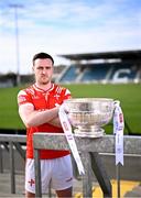 31 March 2025; Louth footballer Tommy Durnin with the Delaney Cup during the 2025 Leinster GAA Senior Football Championship launch at Cedral St Conleth's GAA Park in Newbridge, Kildare. Photo by Piaras Ó Mídheach/Sportsfile