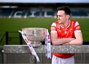 31 March 2025; Louth footballer Tommy Durnin with the Delaney Cup during the 2025 Leinster GAA Senior Football Championship launch at Cedral St Conleth's GAA Park in Newbridge, Kildare. Photo by Piaras Ó Mídheach/Sportsfile