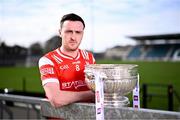 31 March 2025; Louth footballer Tommy Durnin with the Delaney Cup during the 2025 Leinster GAA Senior Football Championship launch at Cedral St Conleth's GAA Park in Newbridge, Kildare. Photo by Piaras Ó Mídheach/Sportsfile