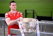 31 March 2025; Louth footballer Tommy Durnin with the Delaney Cup during the 2025 Leinster GAA Senior Football Championship launch at Cedral St Conleth's GAA Park in Newbridge, Kildare. Photo by Piaras Ó Mídheach/Sportsfile