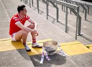 31 March 2025; Louth footballer Tommy Durnin with the Delaney Cup during the 2025 Leinster GAA Senior Football Championship launch at Cedral St Conleth's GAA Park in Newbridge, Kildare. Photo by Piaras Ó Mídheach/Sportsfile