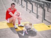 31 March 2025; Louth footballer Tommy Durnin with the Delaney Cup during the 2025 Leinster GAA Senior Football Championship launch at Cedral St Conleth's GAA Park in Newbridge, Kildare. Photo by Piaras Ó Mídheach/Sportsfile