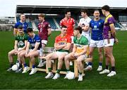 31 March 2025; Footballers, back row from left; Paddy Fox of Longford, Ronan Wallace of Westmeath, Tommy Durnin of Louth, Kevin Feely of Kildare, Dean Healy of Wicklow and Liam Coleman of Wexford, and front row, from left; Seán Raferty of Meath, Brian Byrne of Laois, Mikey Bambrick of Carlow and Lee Pearson of Offaly with the Delaney Cup during the 2025 Leinster GAA Senior Football Championship launch at Cedral St Conleth's GAA Park in Newbridge, Kildare. Photo by Piaras Ó Mídheach/Sportsfile