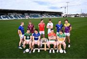 31 March 2025; Footballers, back row from left; Paddy Fox of Longford, Ronan Wallace of Westmeath, Tommy Durnin of Louth, Kevin Feely of Kildare, Dean Healy of Wicklow and Liam Coleman of Wexford, and front row, from left; Seán Raferty of Meath, Brian Byrne of Laois, Mikey Bambrick of Carlow and Lee Pearson of Offaly with the Delaney Cup during the 2025 Leinster GAA Senior Football Championship launch at Cedral St Conleth's GAA Park in Newbridge, Kildare. Photo by Piaras Ó Mídheach/Sportsfile