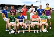31 March 2025; Footballers, back row from left; Paddy Fox of Longford, Ronan Wallace of Westmeath, Tommy Durnin of Louth, Kevin Feely of Kildare, Dean Healy of Wicklow and Liam Coleman of Wexford, and front row, from left; Seán Raferty of Meath, Brian Byrne of Laois, Mikey Bambrick of Carlow and Lee Pearson of Offaly with the Delaney Cup during the 2025 Leinster GAA Senior Football Championship launch at Cedral St Conleth's GAA Park in Newbridge, Kildare. Photo by Piaras Ó Mídheach/Sportsfile