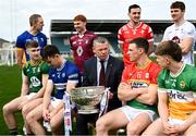 31 March 2025; Nigel Skehan of AIB holding the Delaney Cup alongside footballers, back row from left; Paddy Fox of Longford, Ronan Wallace of Westmeath, Tommy Durnin of Louth and Kevin Feely of Kildare, and front row, from left; Seán Raferty of Meath, Brian Byrne of Laois, Mikey Bambrick of Carlow and Lee Pearson of Offaly during the 2025 Leinster GAA Senior Football Championship launch at Cedral St Conleth's GAA Park in Newbridge, Kildare. Photo by Piaras Ó Mídheach/Sportsfile