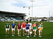 31 March 2025; Footballers, from left; Seán Raferty of Meath, Paddy Fox of Longford, Ronan Wallace of Westmeath, Tommy Durnin of Louth, Brian Byrne of Laois, Kevin Feely of Kildare, Mikey Bambrick of Carlow, Dean Healy of Wicklow, Liam Coleman of Wexford, and Lee Pearson of Offaly with the Delaney Cup during the 2025 Leinster GAA Senior Football Championship launch at Cedral St Conleth's GAA Park in Newbridge, Kildare. Photo by Piaras Ó Mídheach/Sportsfile
