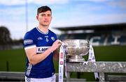 31 March 2025; Laois footballer Brian Byrne with the Delaney Cup during the 2025 Leinster GAA Senior Football Championship launch at Cedral St Conleth's GAA Park in Newbridge, Kildare. Photo by Piaras Ó Mídheach/Sportsfile