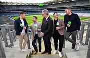 31 March 2025; In attendance to launch GAA+ is, Uachtarán Chumann Lúthchleas Gael Jarlath Burns, centre, with GAA+ pundits, from left, Richie Hogan, Marc Ó Sé, John &quot;Bubbles&quot; O'Dwyer and Paddy Andrews at Croke Park in Dublin. Photo by Sam Barnes/Sportsfile