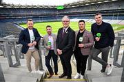 31 March 2025; In attendance to launch GAA+ is, Uachtarán Chumann Lúthchleas Gael Jarlath Burns, centre, with GAA+ pundits, from left, Richie Hogan, Marc Ó Sé, John &quot;Bubbles&quot; O'Dwyer and Paddy Andrews at Croke Park in Dublin. Photo by Sam Barnes/Sportsfile