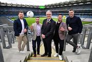 31 March 2025; In attendance to launch GAA+ is, Uachtarán Chumann Lúthchleas Gael Jarlath Burns, centre, with GAA+ pundits, from left, Richie Hogan, Marc Ó Sé, John &quot;Bubbles&quot; O'Dwyer and Paddy Andrews at Croke Park in Dublin. Photo by Sam Barnes/Sportsfile
