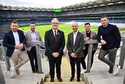 31 March 2025; In attendance to launch GAA+ is, Uachtarán Chumann Lúthchleas Gael Jarlath Burns, centre left, and Head of GAA+ and GAA Marketing Noel Quinn, centre right, with GAA+ pundits, from left, Richie Hogan, Marc Ó Sé, John &quot;Bubbles&quot; O'Dwyer and Paddy Andrews at Croke Park in Dublin. Photo by Sam Barnes/Sportsfile