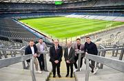 31 March 2025; In attendance to launch GAA+ is, Uachtarán Chumann Lúthchleas Gael Jarlath Burns, centre left, and Head of GAA+ and GAA Marketing Noel Quinn, centre right, with GAA+ pundits, from left, Richie Hogan, Marc Ó Sé, John &quot;Bubbles&quot; O'Dwyer and Paddy Andrews at Croke Park in Dublin. Photo by Sam Barnes/Sportsfile