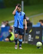 31 March 2025; Sean Brennan of UCD leaves the pitch as he is shown a second yellow by referee David Dunne during the SSE Airtricity Men's First Division match between UCD and Bray Wanderers at the UCD Bowl in Belfield, Dublin. Photo by Tyler Miller/Sportsfile