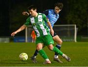 31 March 2025; Danu Kinsella Bishop of Bray Wanderers in action against Adam Verdon of UCD during the SSE Airtricity Men's First Division match between UCD and Bray Wanderers at the UCD Bowl in Belfield, Dublin. Photo by Tyler Miller/Sportsfile