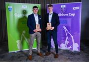 31 March 2025; DCU Dóchas Éireann players Paddy Langton, left, and Padraic Moylan with their Electric Ireland Higher Education GAA Football Rising Stars Player of the Year Award during the Electric Ireland Higher Education Rising Stars Awards at Castleknock Hotel in Dublin. Photo by Shauna Clinton/Sportsfile