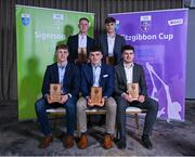 31 March 2025; DCU hurling players, back row, from left, Joe Flanagan and Jack Leahy, and front row, from left, Padraic Moylan, Paddy Langton and Cian Boran, with their 2025 Electric Ireland Higher Education GAA Hurling Rising Stars Team of the Year Award during the Electric Ireland Higher Education Rising Stars Awards at Castleknock Hotel in Dublin. Photo by Shauna Clinton/Sportsfile