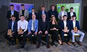 31 March 2025; Uachtarán Chumann Lúthchleas Gael Jarlath Burns, centre, alongside Higher Education GAA Chairperson Benny Hurl, centre left, and Electric Ireland Sponsorship Manager Sarah Gelletlie, centre right, with the 2025 Electric Ireland GAA Higher Education Rising Stars Football Team of the Year, back row, from left, Eoin Mc Evoy, Barry Mc Nulty, Cormac Egan, Ryan O’Toole, Killian Roche, Ciarán Caulfield and Bryan Masterson, and front row, from left, Fionnan O’Brien, Jordan Morris, Niall Carolan and Tom Prior during the Electric Ireland Higher Education Rising Stars Awards at Castleknock Hotel in Dublin. Photo by Shauna Clinton/Sportsfile