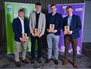 31 March 2025; University College Dublin players, from left, Cormac Egan, Barry McNulty, Killian Roche and Ryan O'Toole with their 2025 Electric Ireland Higher Education GAA Football Rising Stars Team of the Year Award during the Electric Ireland Higher Education Rising Stars Awards at Castleknock Hotel in Dublin. Photo by Shauna Clinton/Sportsfile