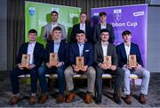 31 March 2025; DCU players, back row, from left, Ciarán Caulfield, Joe Flanagan and Jack Leahy, and front row, from left, Bryan Masterson, Padraic Moylan, Paddy Langton, Cian Boran and Tom Prior, with their 2025 Electric Ireland Higher Education GAA Hurling and Football Rising Stars Team of the Year Award during the Electric Ireland Higher Education Rising Stars Awards at Castleknock Hotel in Dublin. Photo by Shauna Clinton/Sportsfile