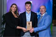 31 March 2025; Ulster University player Eoin Mc Evoy, centre, is presented with his 2025 Electric Ireland Higher Education GAA Football Rising Stars Team of the Year award by Electric Ireland Sponsorship Manager Sarah Gelletlie, left, and Higher Education GAA Chairperson Benny Hurl during the Electric Ireland Higher Education Rising Stars Awards at Castleknock Hotel in Dublin. Photo by Shauna Clinton/Sportsfile