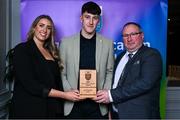 31 March 2025; University College Dublin player Barry Mc Nulty, centre, is presented with his 2025 Electric Ireland Higher Education GAA Football Rising Stars Team of the Year award by Electric Ireland Sponsorship Manager Sarah Gelletlie, left, and Higher Education GAA Chairperson Benny Hurl during the Electric Ireland Higher Education Rising Stars Awards at Castleknock Hotel in Dublin. Photo by Shauna Clinton/Sportsfile