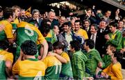 20 September 1981; Kerry captain Jimmy Deenihan, second from left, make his captain's speech, in the company of An Taoiseach Garrett Fitzgerald TD, GAA president Paddy McFlynn, teammates including Jack O'Shea, Páidí Ó'Sé, Ger Power, Tommy Doyle, Murt Galvin, manager Mick O'Dwyer, Tim Kennelly, Kerry County Board Chairman Frank King, Ger Lynch and Charlie Nelligan,  following victory in the All-Ireland Senior Football Championhip Final match between Kerry and Offaly at Croke Park in Dublin. Photo by Ray McManus/Sportsfile