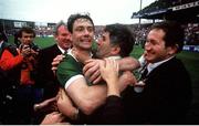 21 September 1986; Kerry captain Tommy Doyle celebrates with manager Mick O'Dwyer after the final whistle in the All-Ireland Senior Football Championship final between Kerry and Tyrone in Croke Park, Dublin. Photo by Ray McManus/Sportsfile